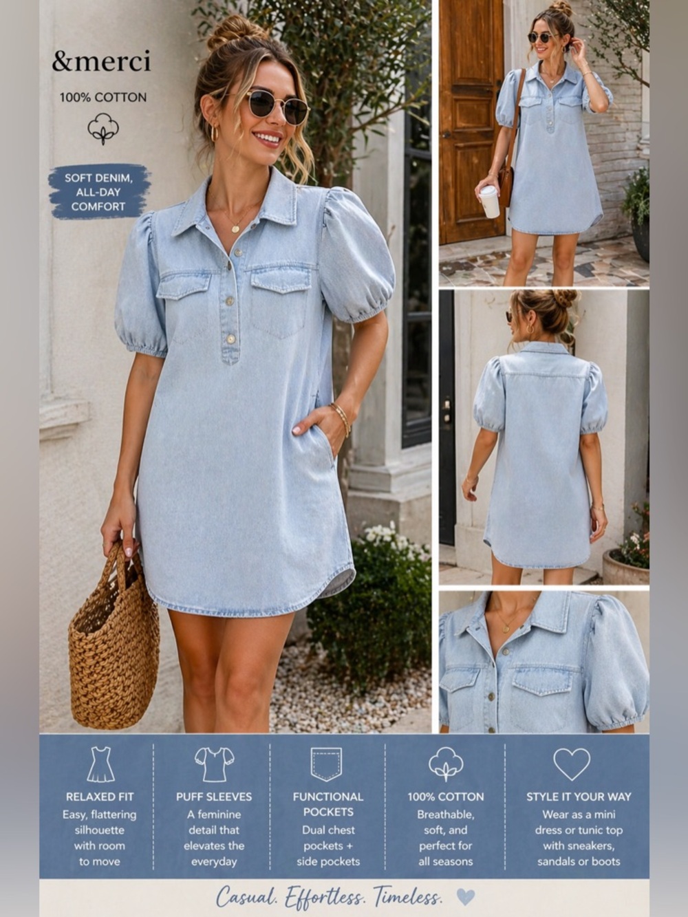 &merci Denim Dress Womens Small Blue Cotton Puff Sleeve Utility Mini Shirt Dress